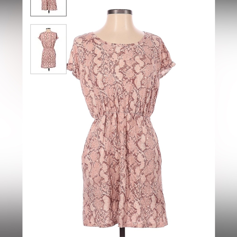 PINK SNAKESKIN DESIGN PRINT H&M CASUAL DRESS SCOOP NECK SHORT SLEEVE W/ POCKETS